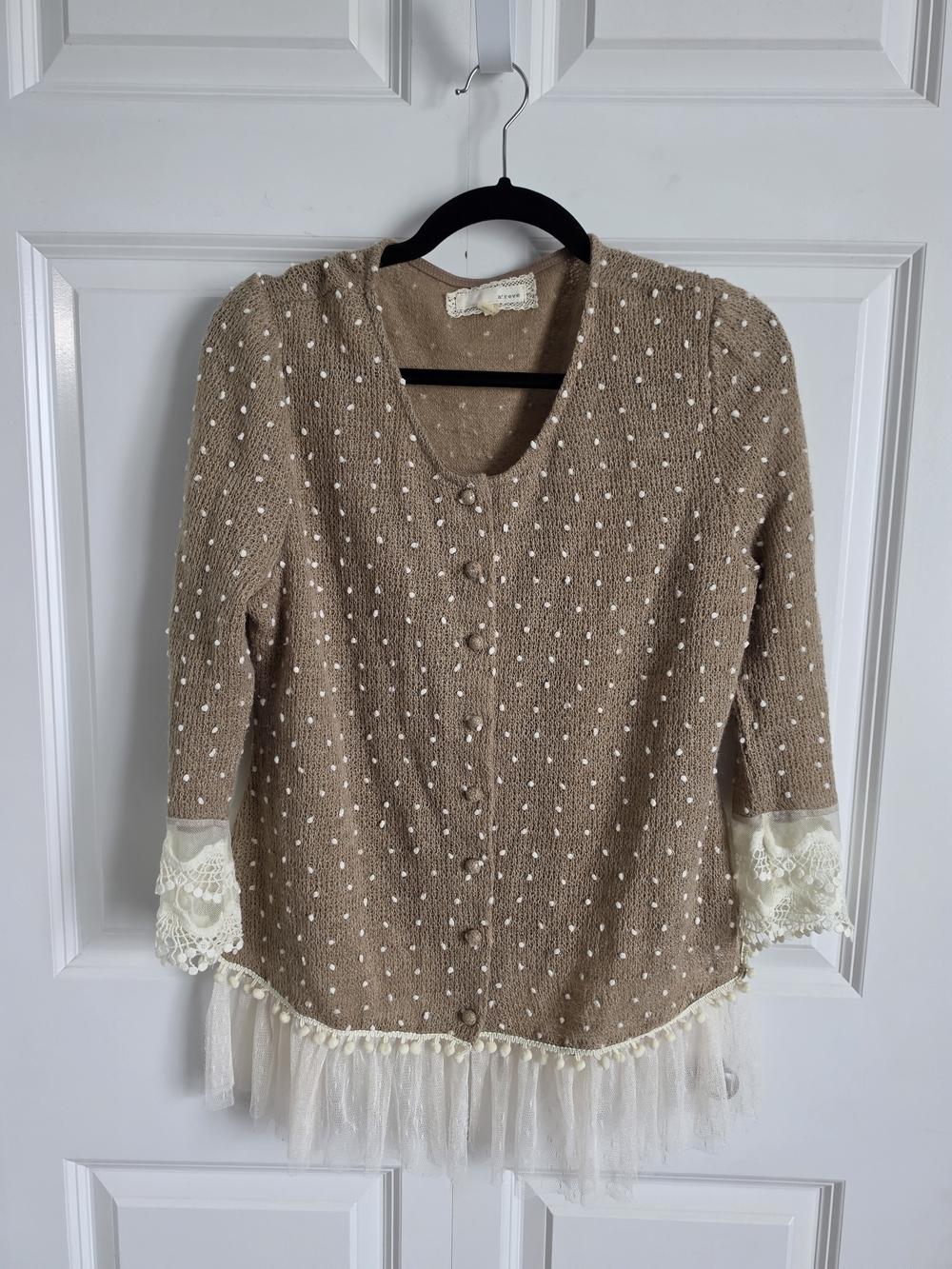 A'Reve Taupe Knit Polka-Dot Tunic Cardigan with Cream Lace & Tulle Trim